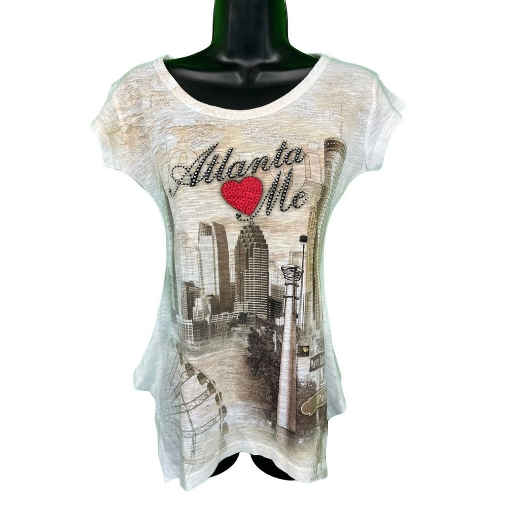 Women's Atlanta Tee, Asymmetrical hem,  Rhinestones, Large, Sweet Gisele New Yor